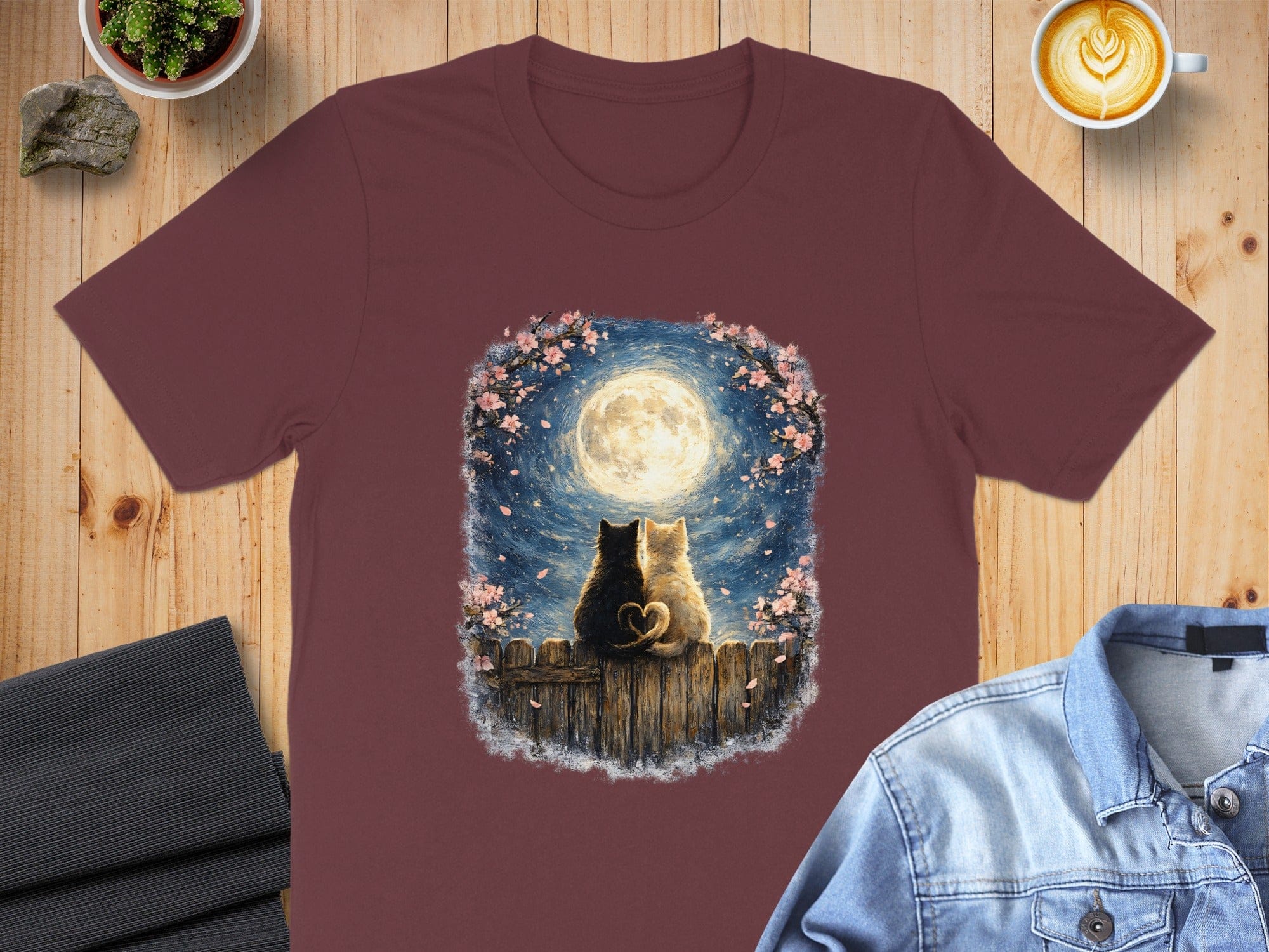 Cats Under Full Moon with Flowers Short-Sleeve Shirt