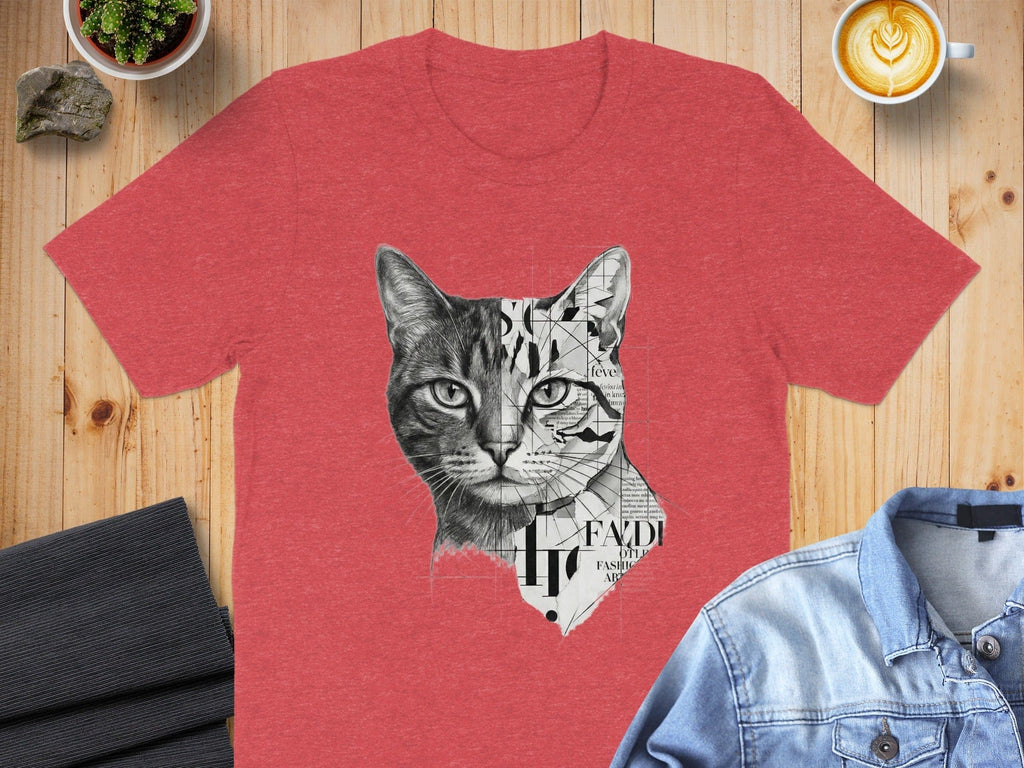Cat Sketch and Text Design Red T-Shirt Medium Size
