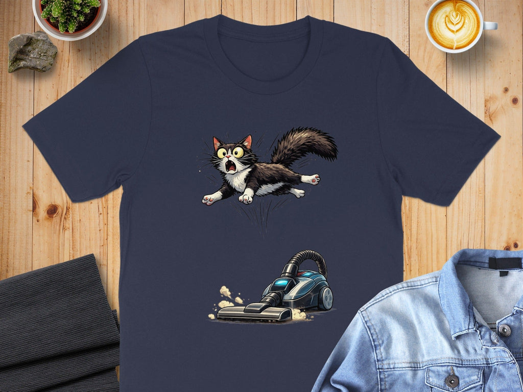 Hilarious Cat Jumping at Vacuum Cleaner Funny Shirt