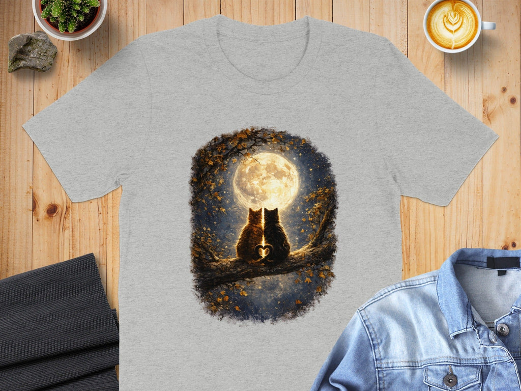 Cats Watching Moon Heart Graphic Tee Shirt Product