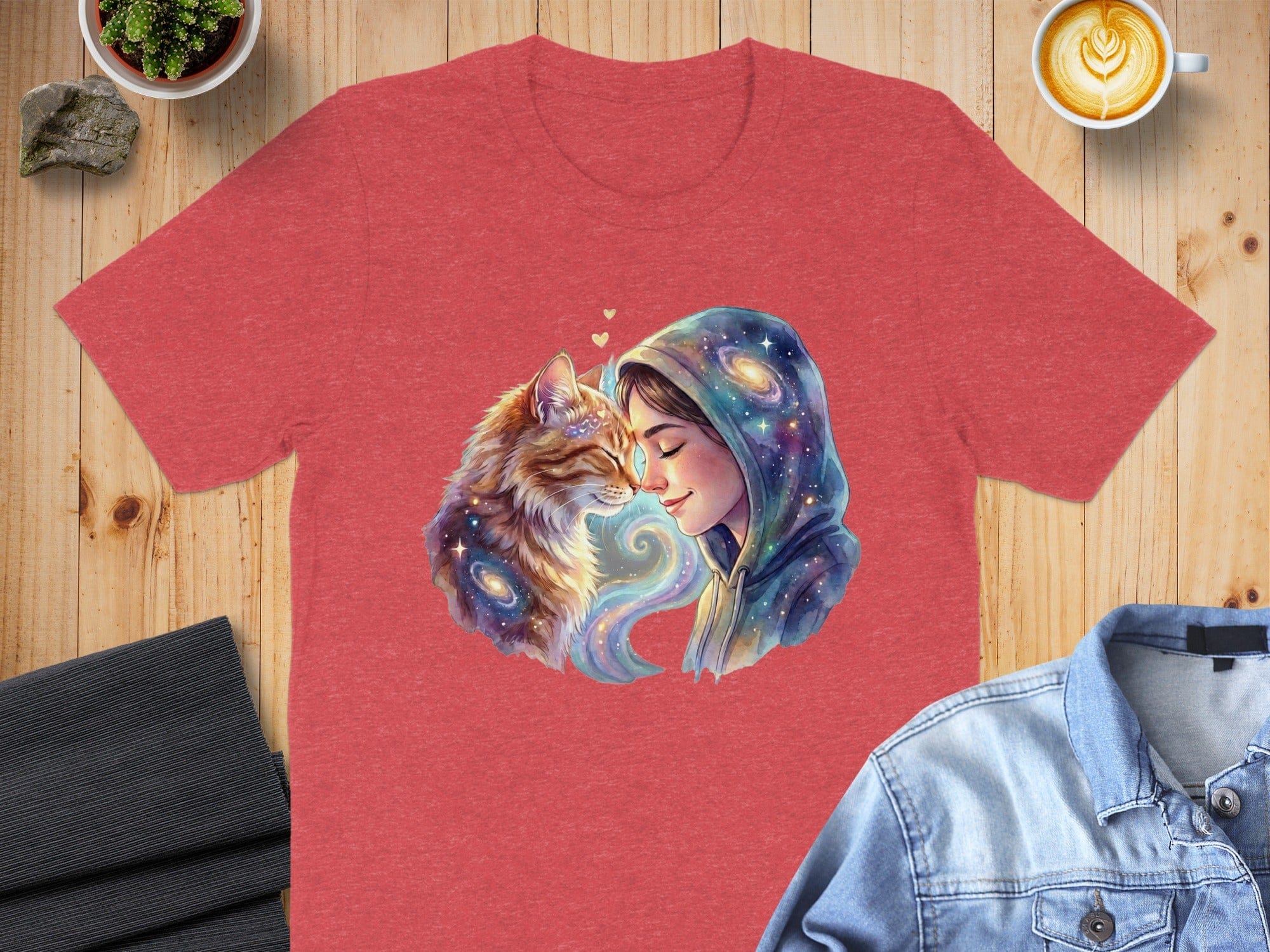 Cosmic Cat and Girl Art Design on Red T-shirt Product