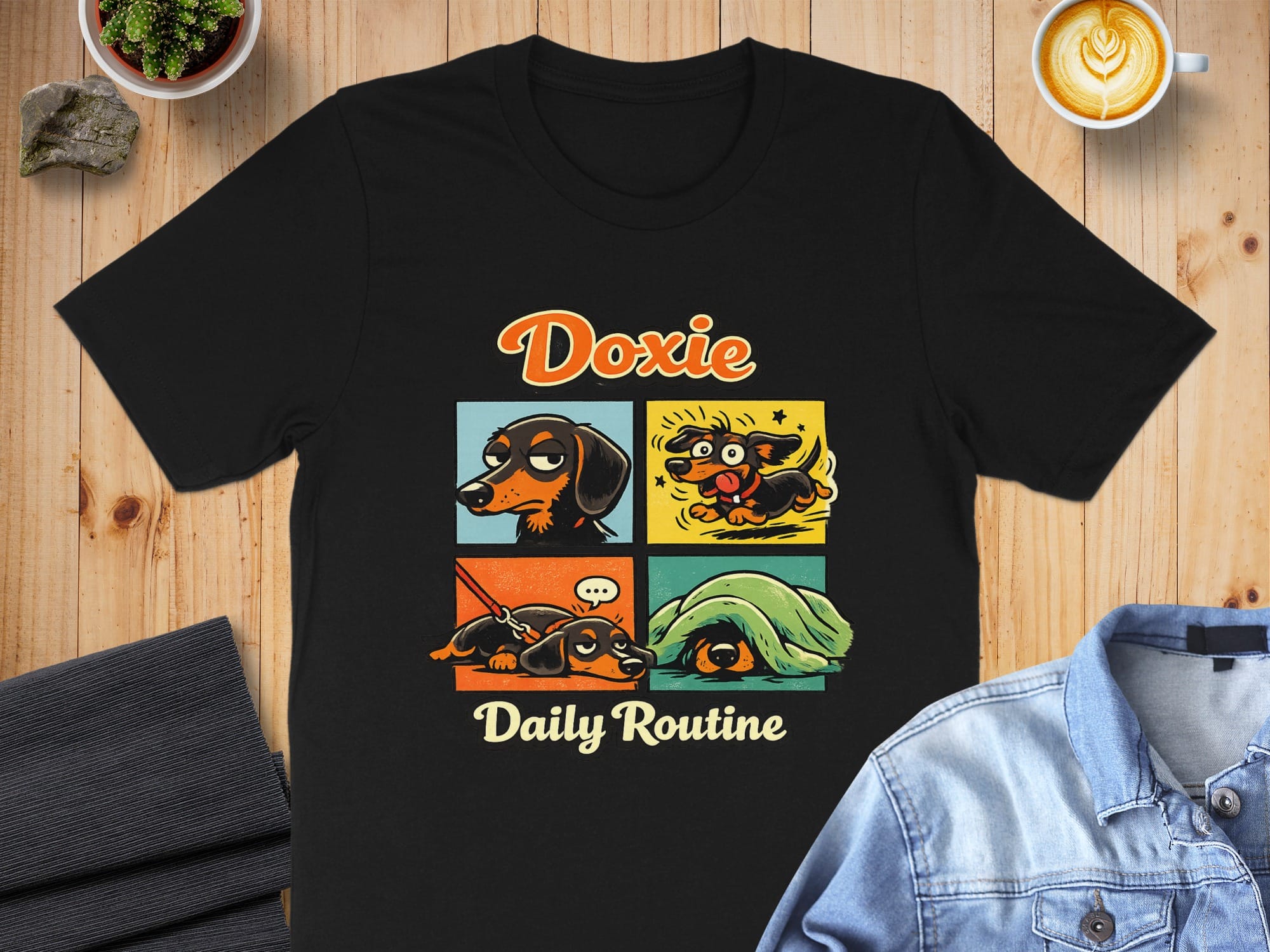 Doxie Daily Routine Funny Dog Lover Cartoon T-Shirt