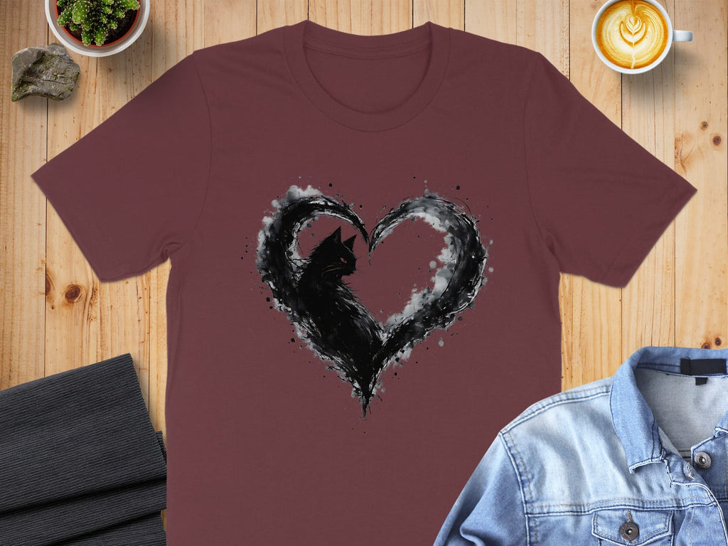 Heart Shaped Cat Design Artwork on Maroon Shirt