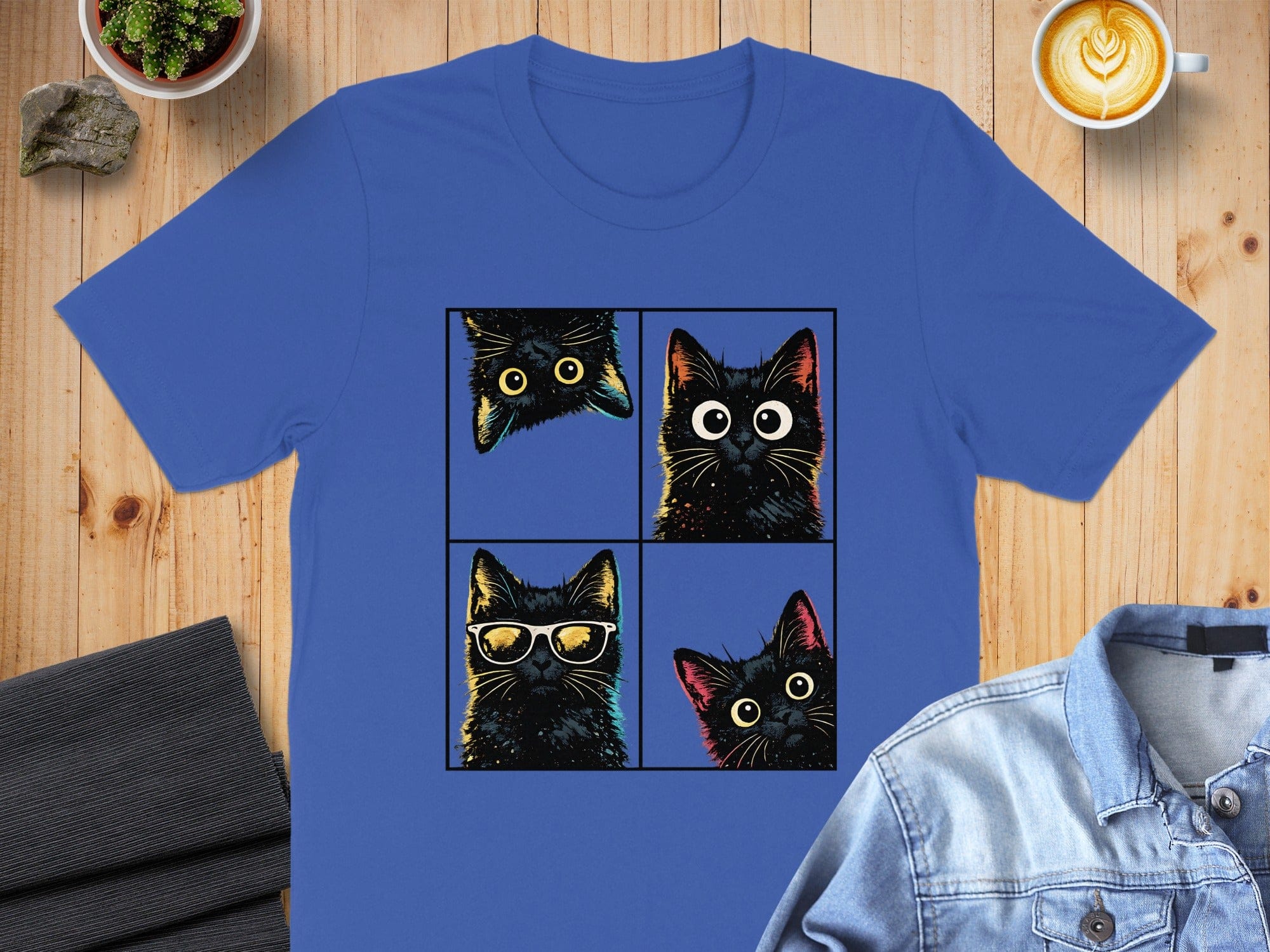 Cute Black Cat Graphic Print Blue Shirt product