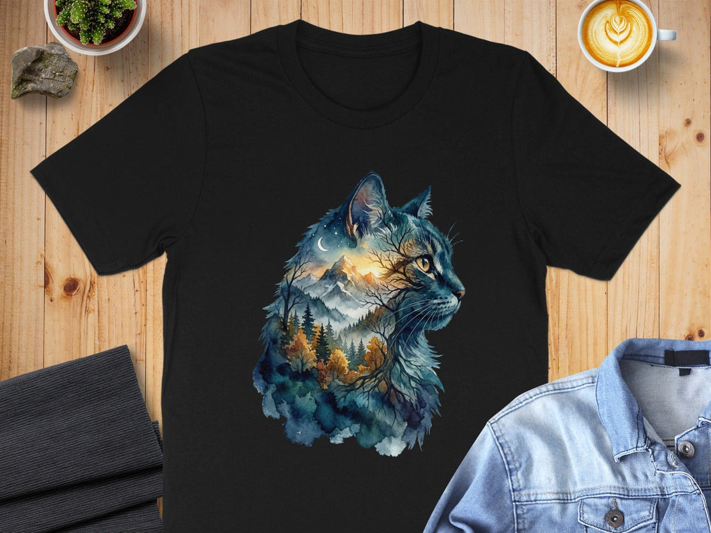 Majestic Cat Landscape Art Graphic Tee Shirt