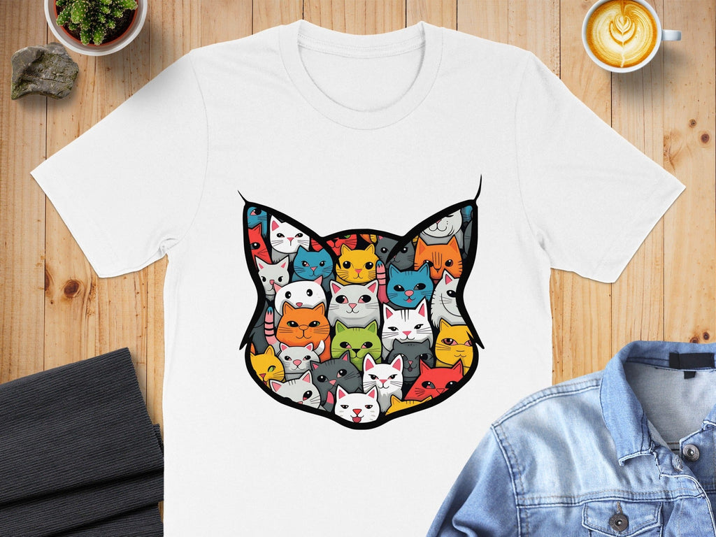 Colorful Cartoon Cat Faces Graphic T-Shirt