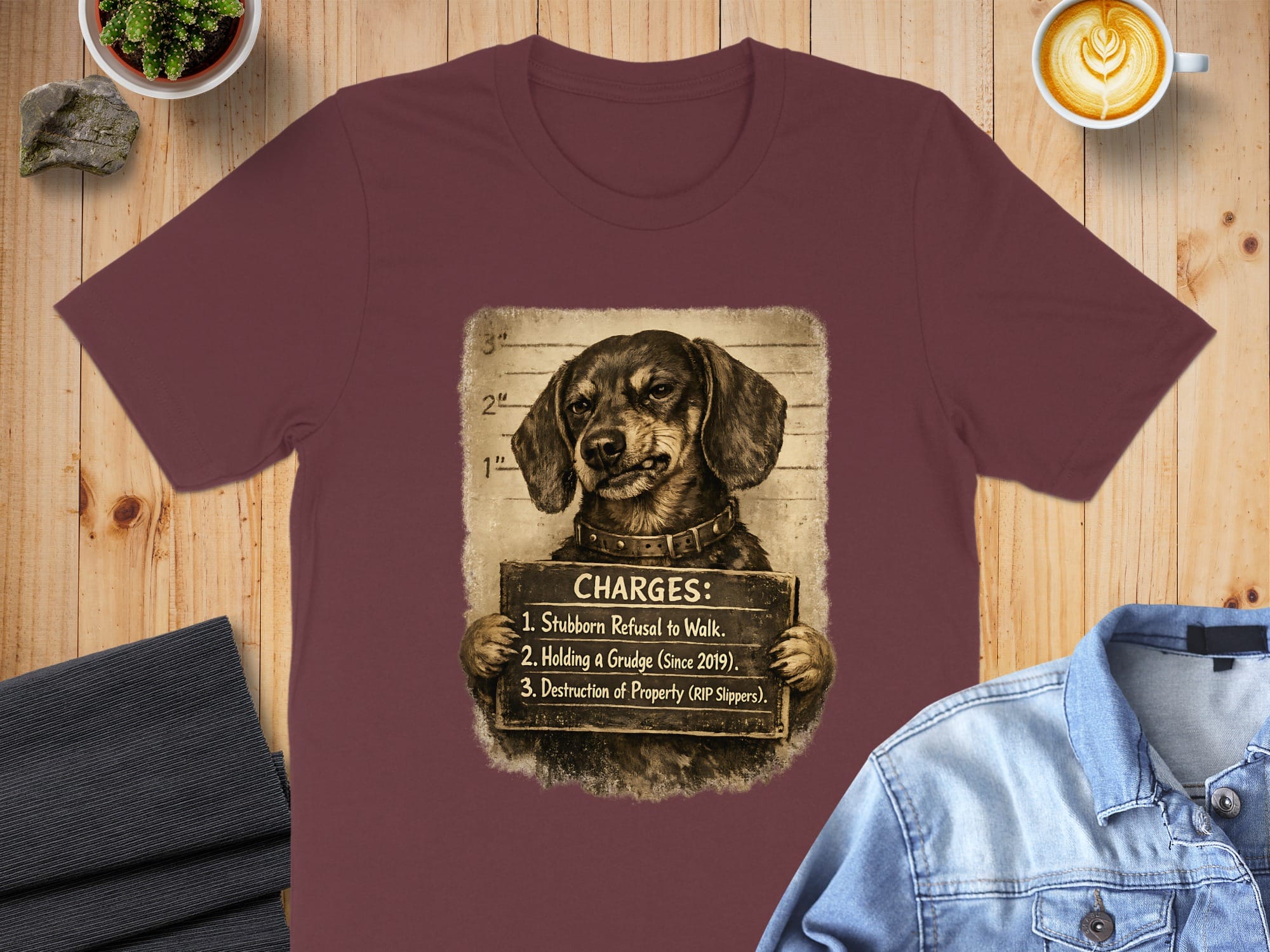 Dog Mugshot Graphic Tee with Humorous Charges