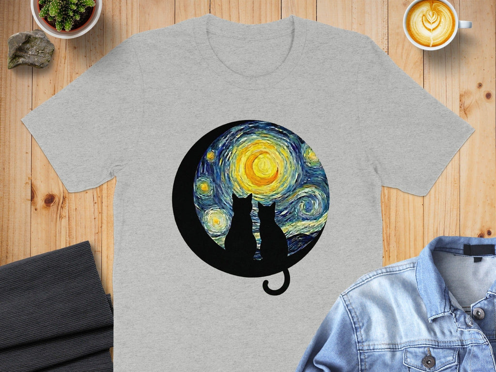 Starry Night Cats Silhouette Moon Grey Shirt