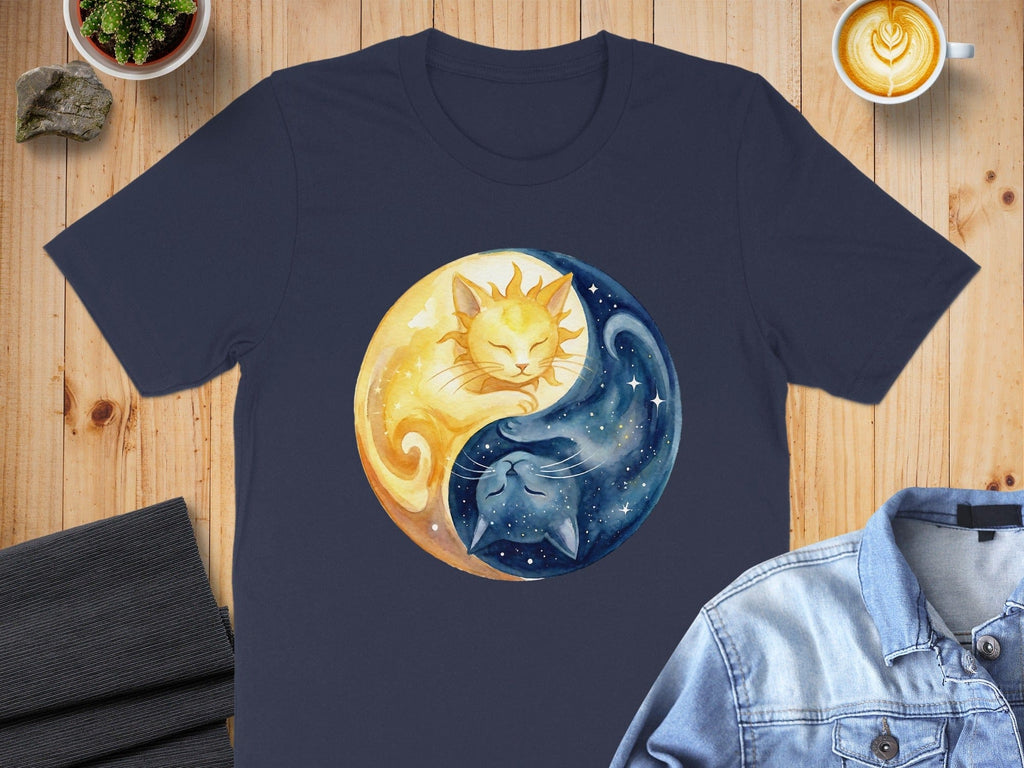 Yin Yang Cats Graphic T-Shirt with Sun and Moon Design