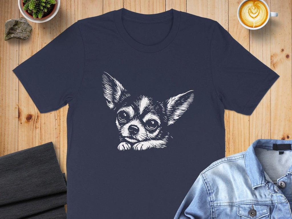 Cute Chihuahua Face Graphic on Navy Blue T-Shirt