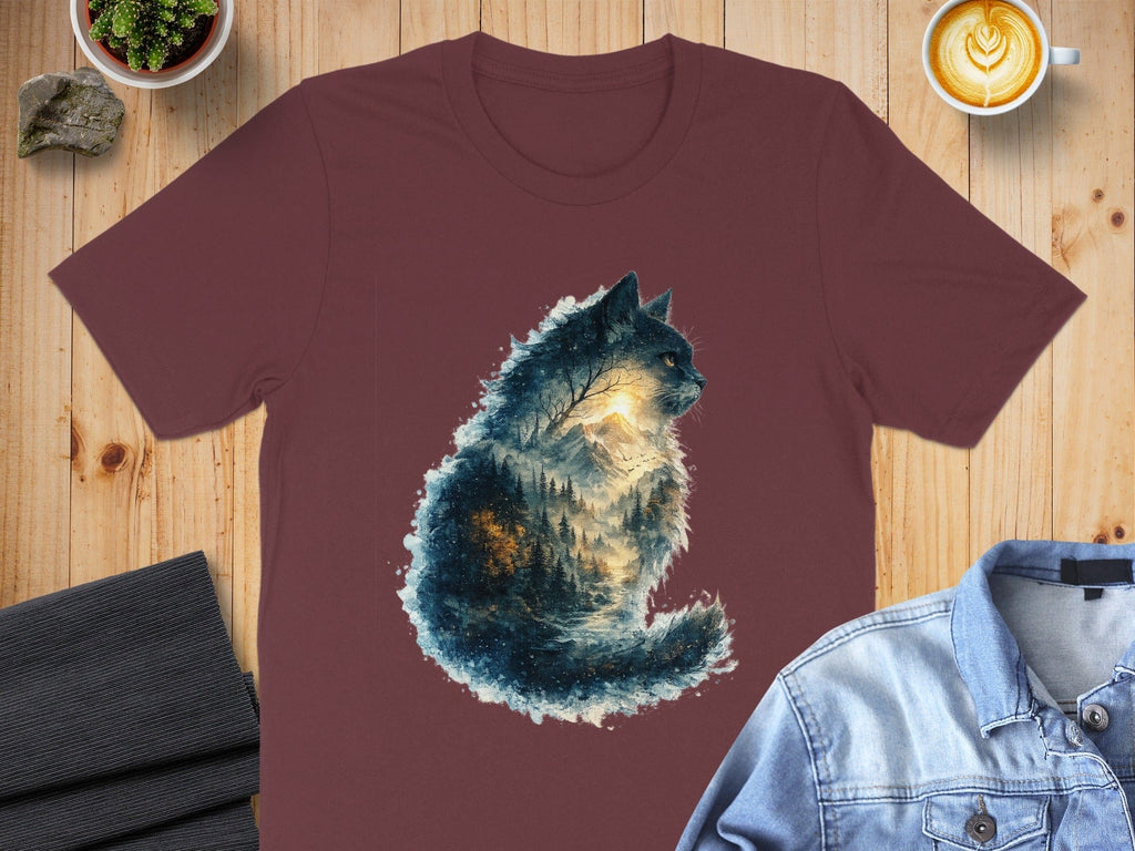 Majestic Cat with Scenic Landscape Print T-Shirt