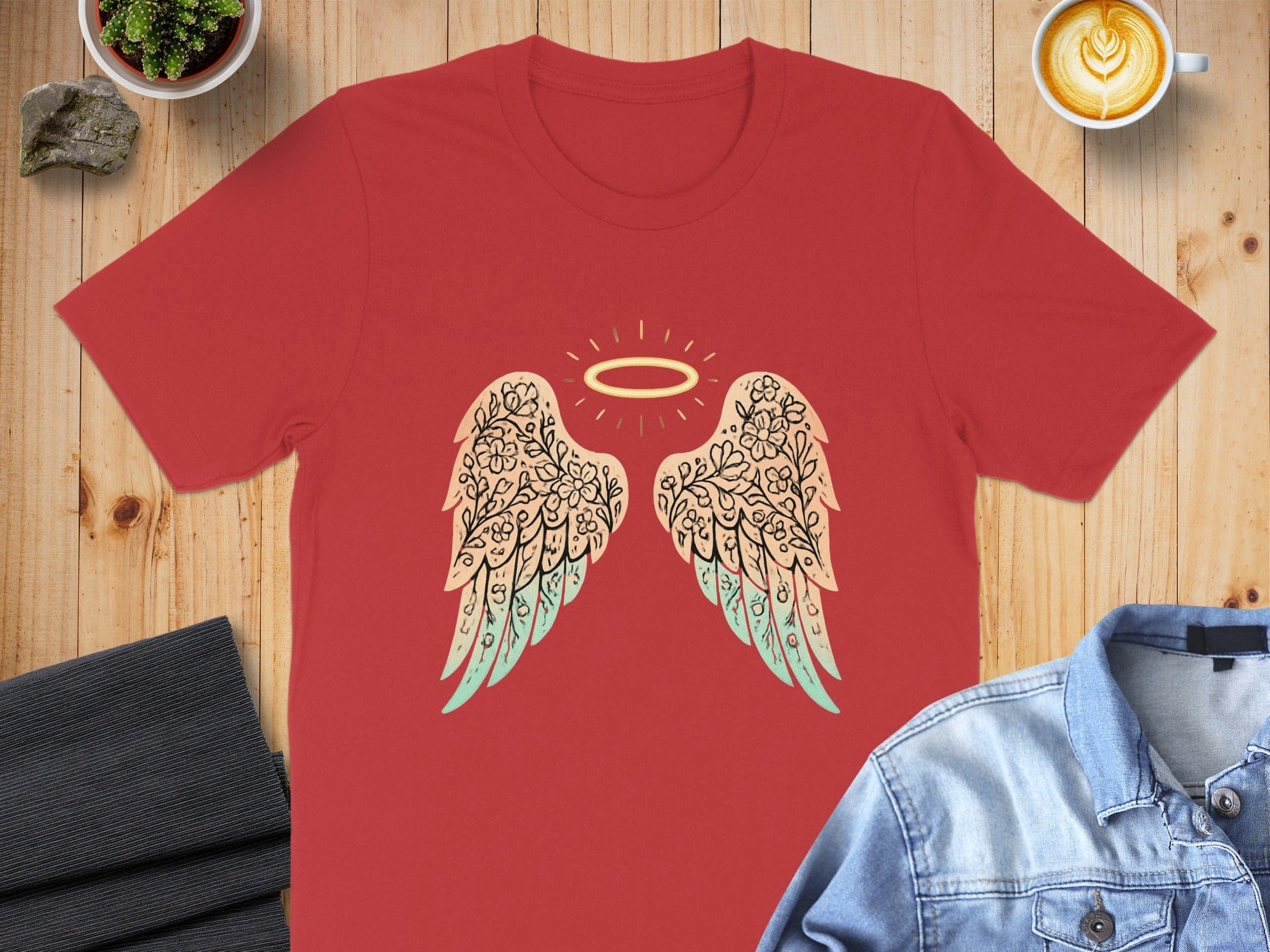 Graphic Teal and Orange Angel Wings on Red Shirt