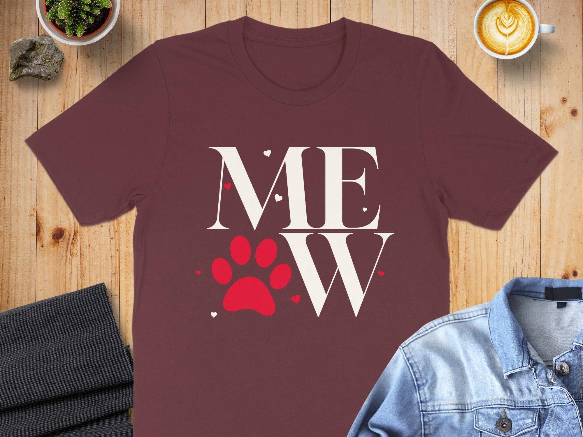 MEW Shirt with Red Paw Print and Hearts Graphic