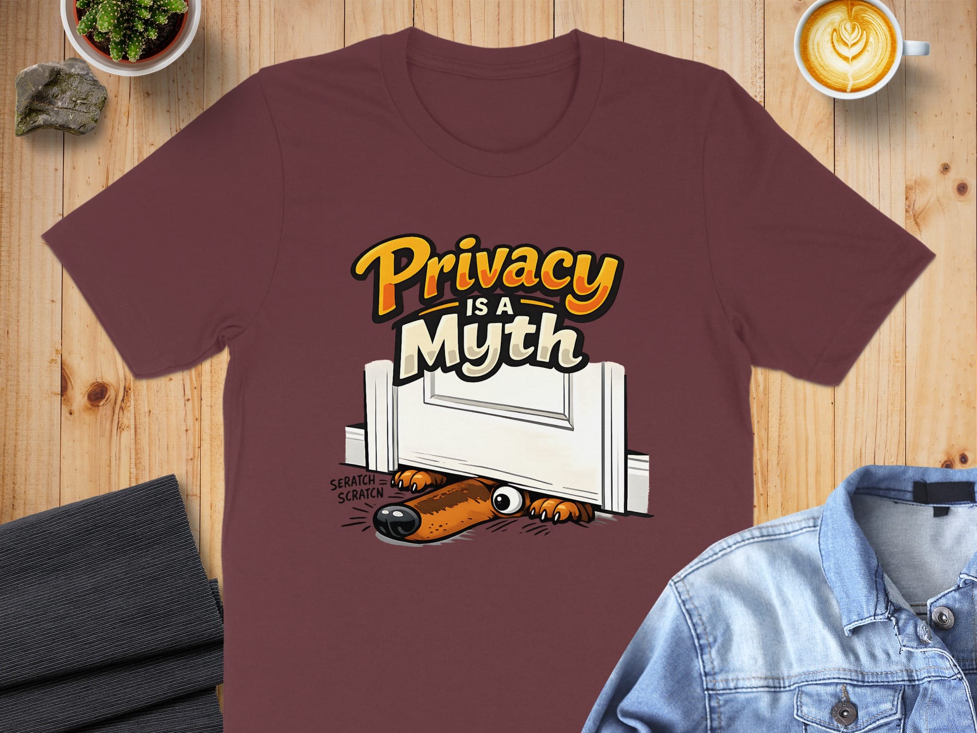 Privacy is a Myth Cartoon Dog Under Door T-shirt
