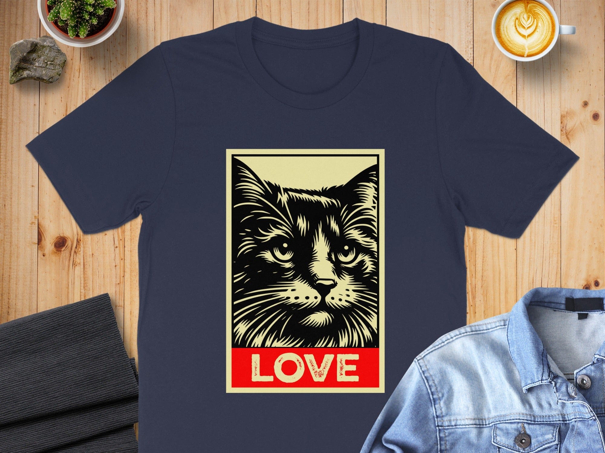 Love Print Cat Design on Navy T-Shirt