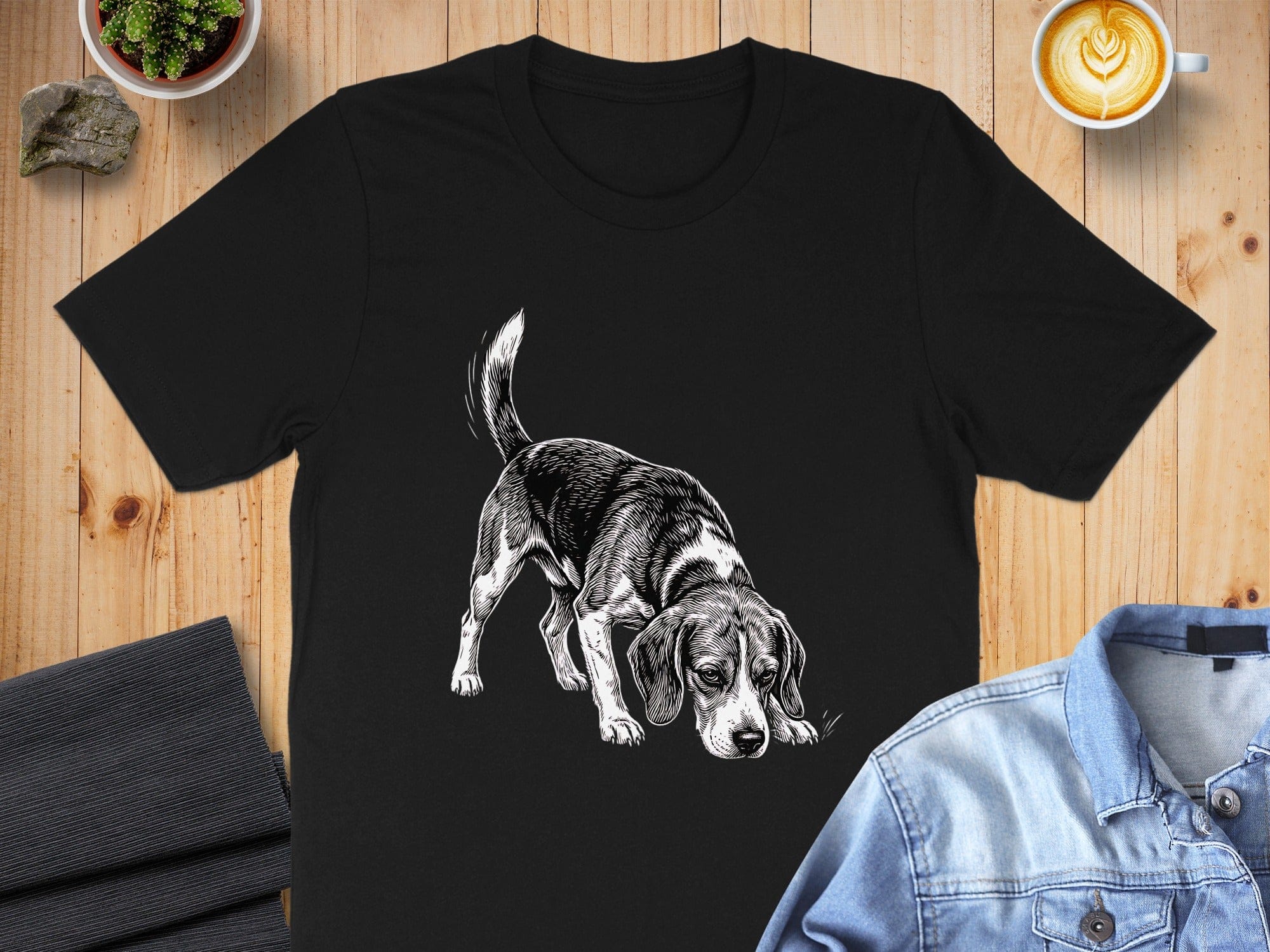 Sniffing Beagle Graphic Design on Black T-shirt