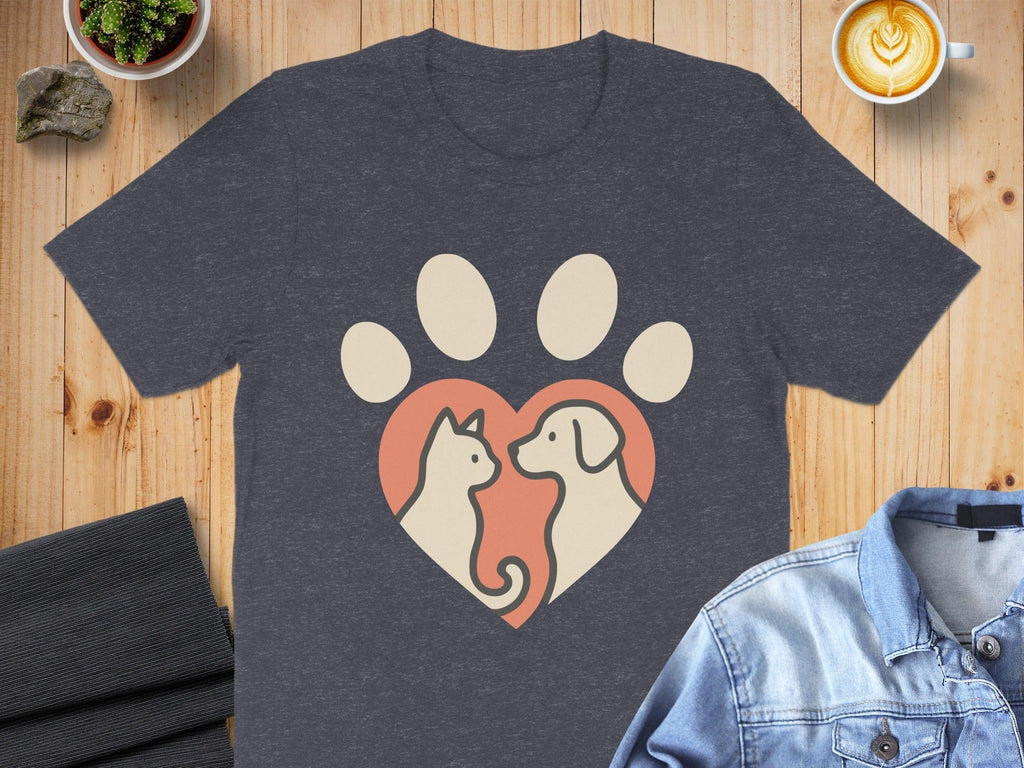 Cute Cat and Dog Paw Heart Design T-Shirt