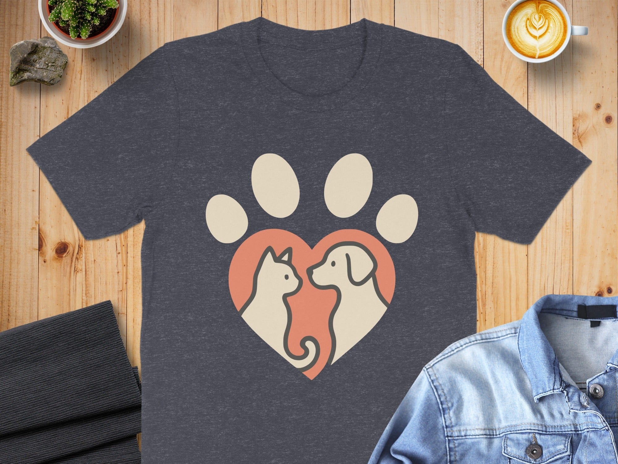 Cute Cat and Dog Paw Heart Design T-Shirt