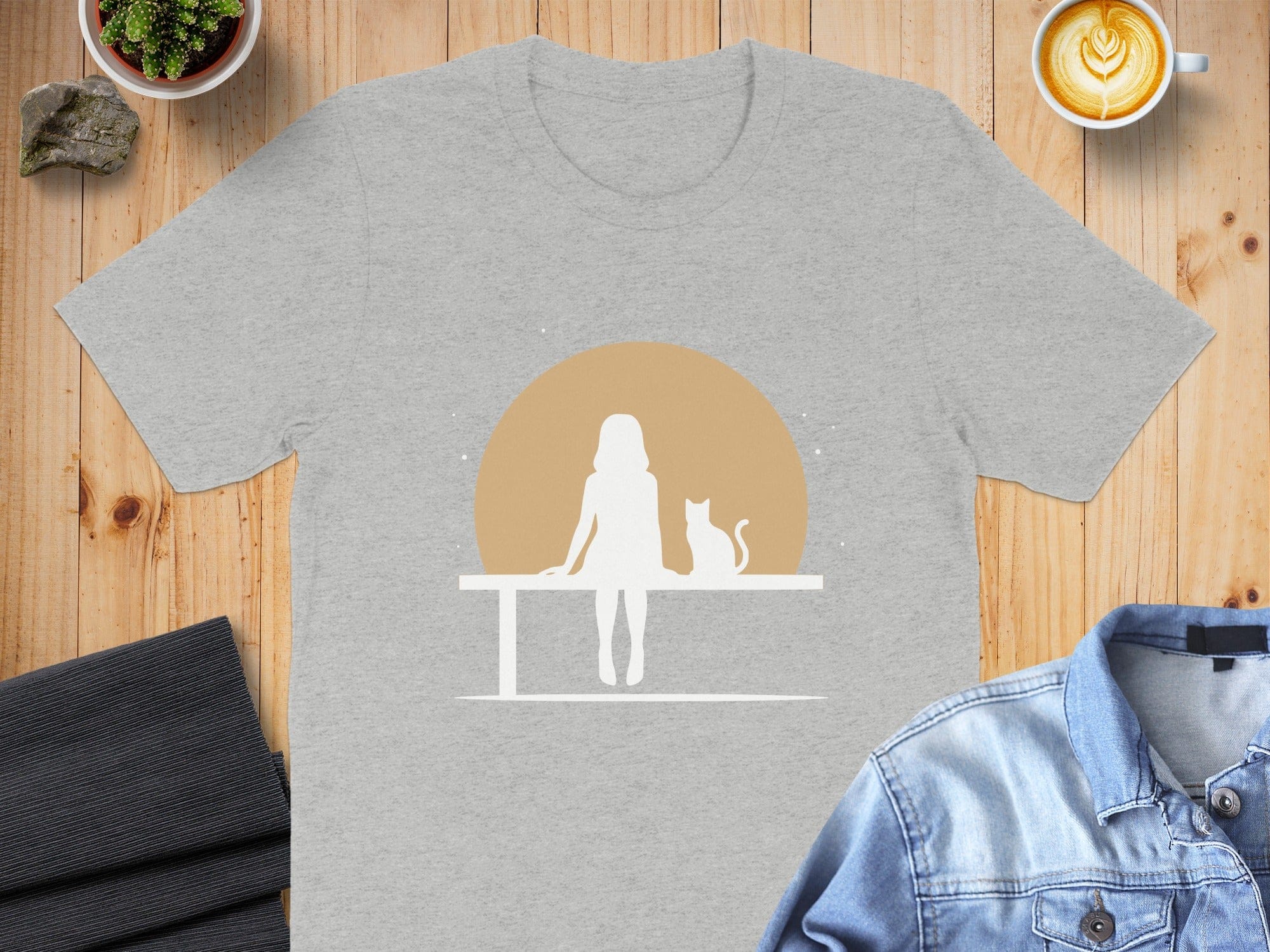 Silhouette of Girl and Cat with Sunset Background T-shirt