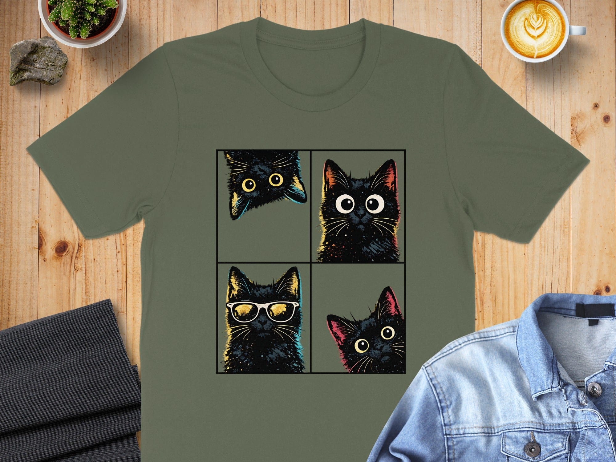 Quirky Black Cats in Pop Art Style Graphic Shirt
