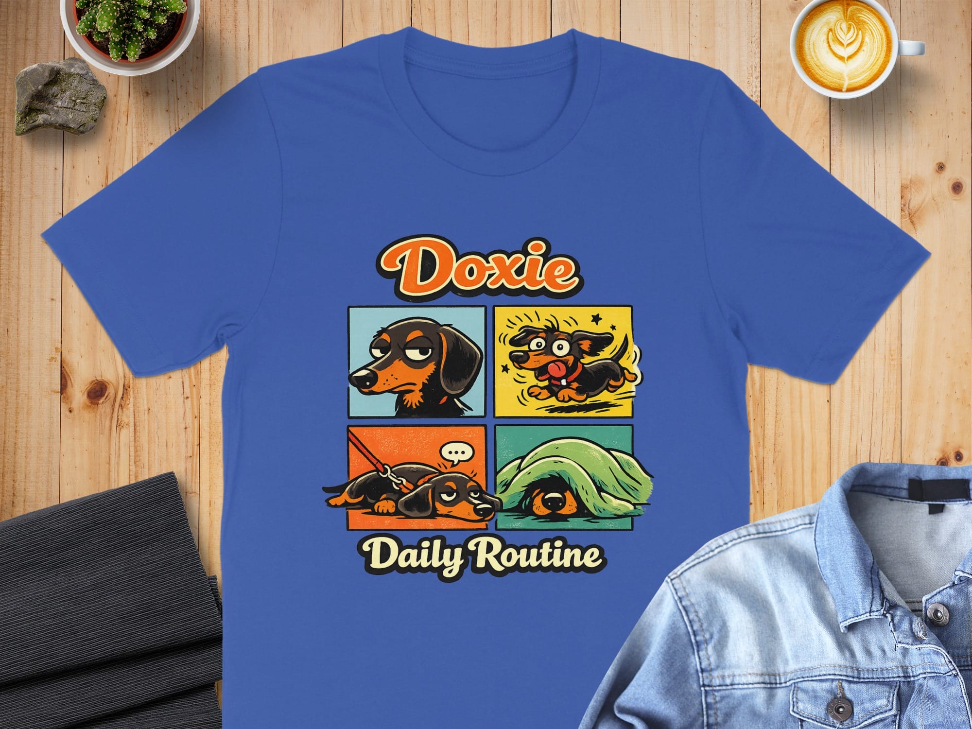 Doxie Daily Routine Graphic Four Panel Comic T-Shirt
