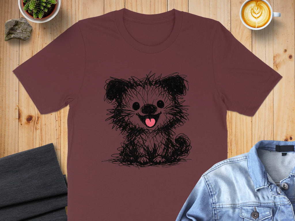 Cute Sketched Puppy Graphic on Maroon T-Shirt Product