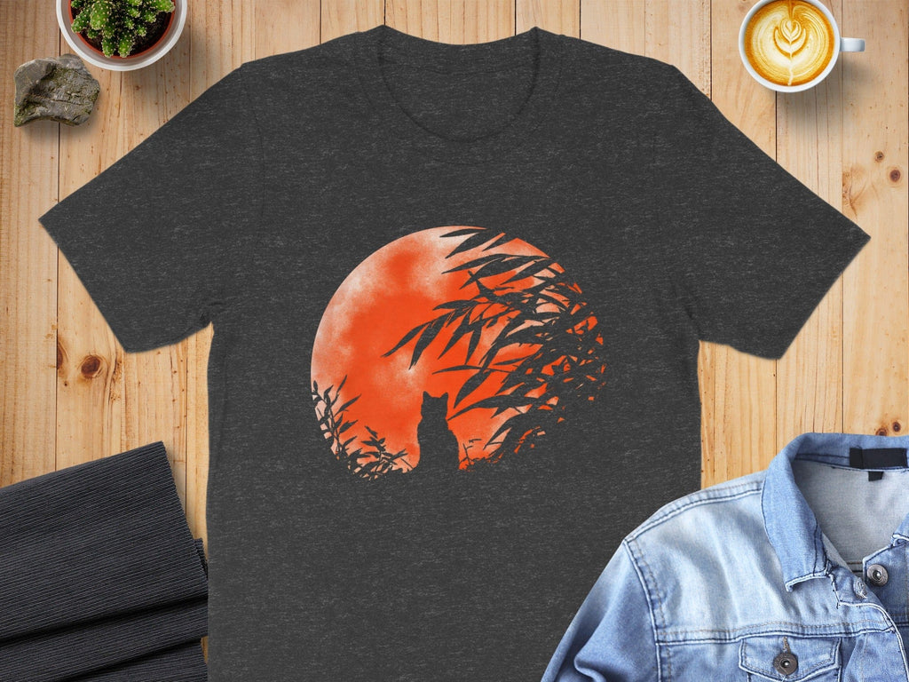 Cat Silhouette with Bamboo in Orange Moon T-shirt