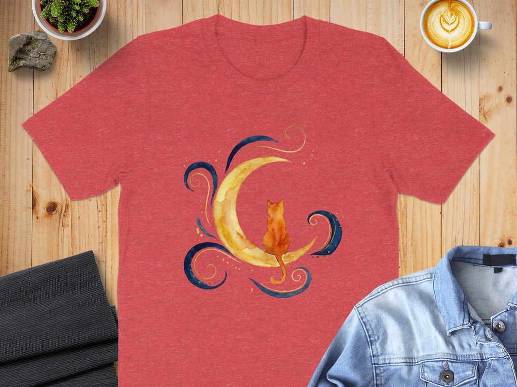 Orange Cat and Crescent Moon Artistic T-shirt