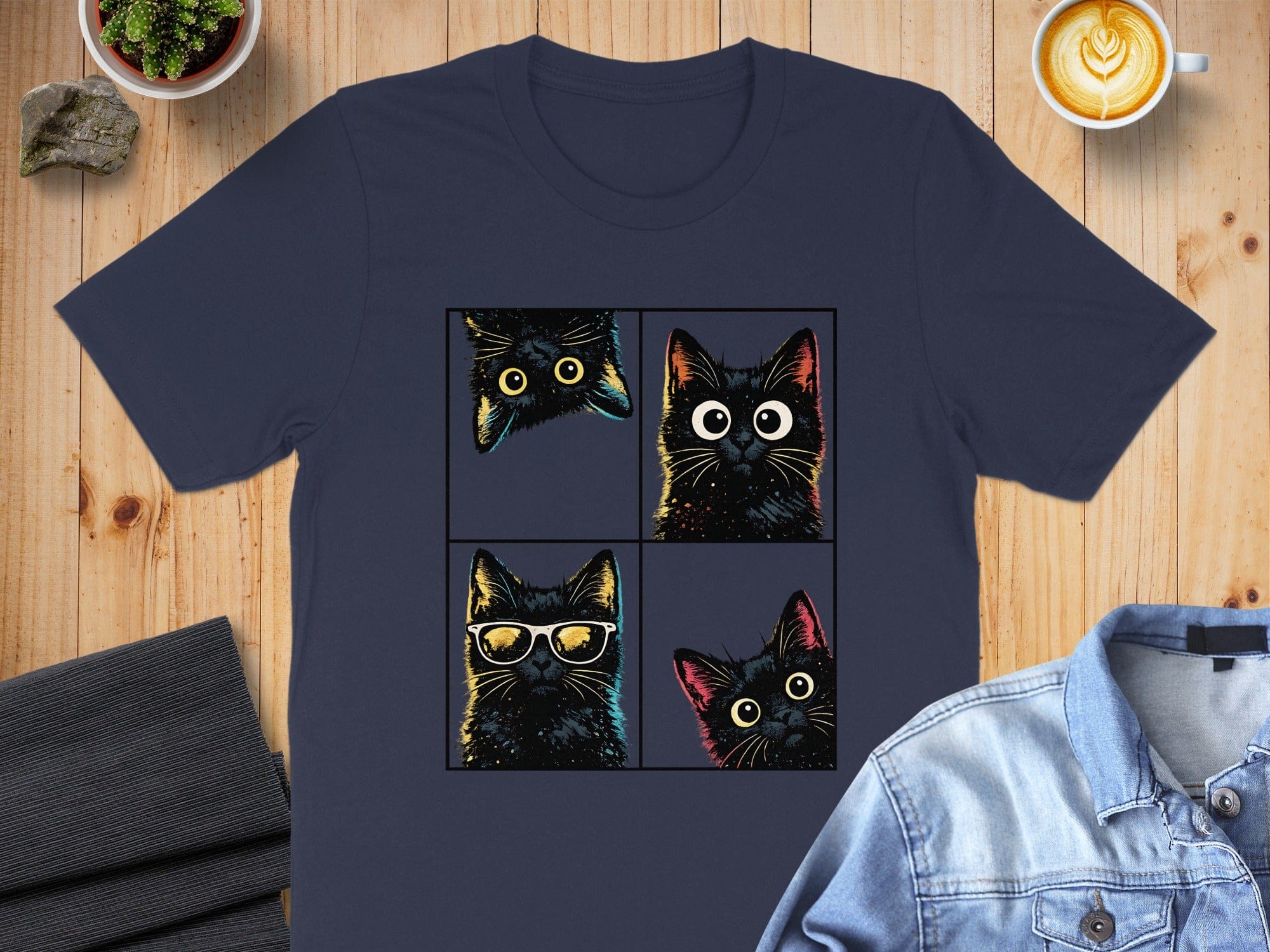 Colorful Cat Faces Graphic Dark Blue T-Shirt