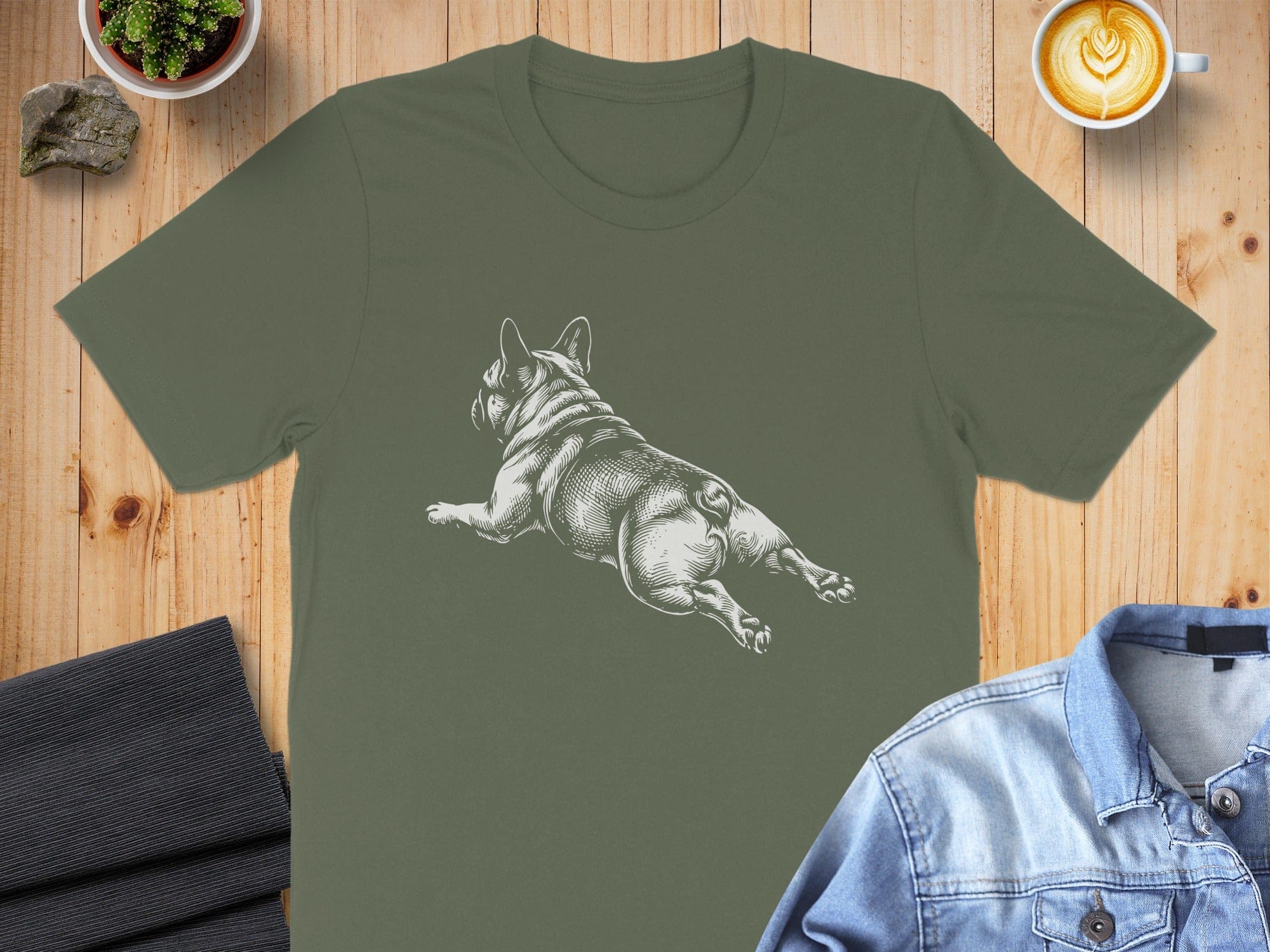 French Bulldog Illustration Design on Green T-Shirt