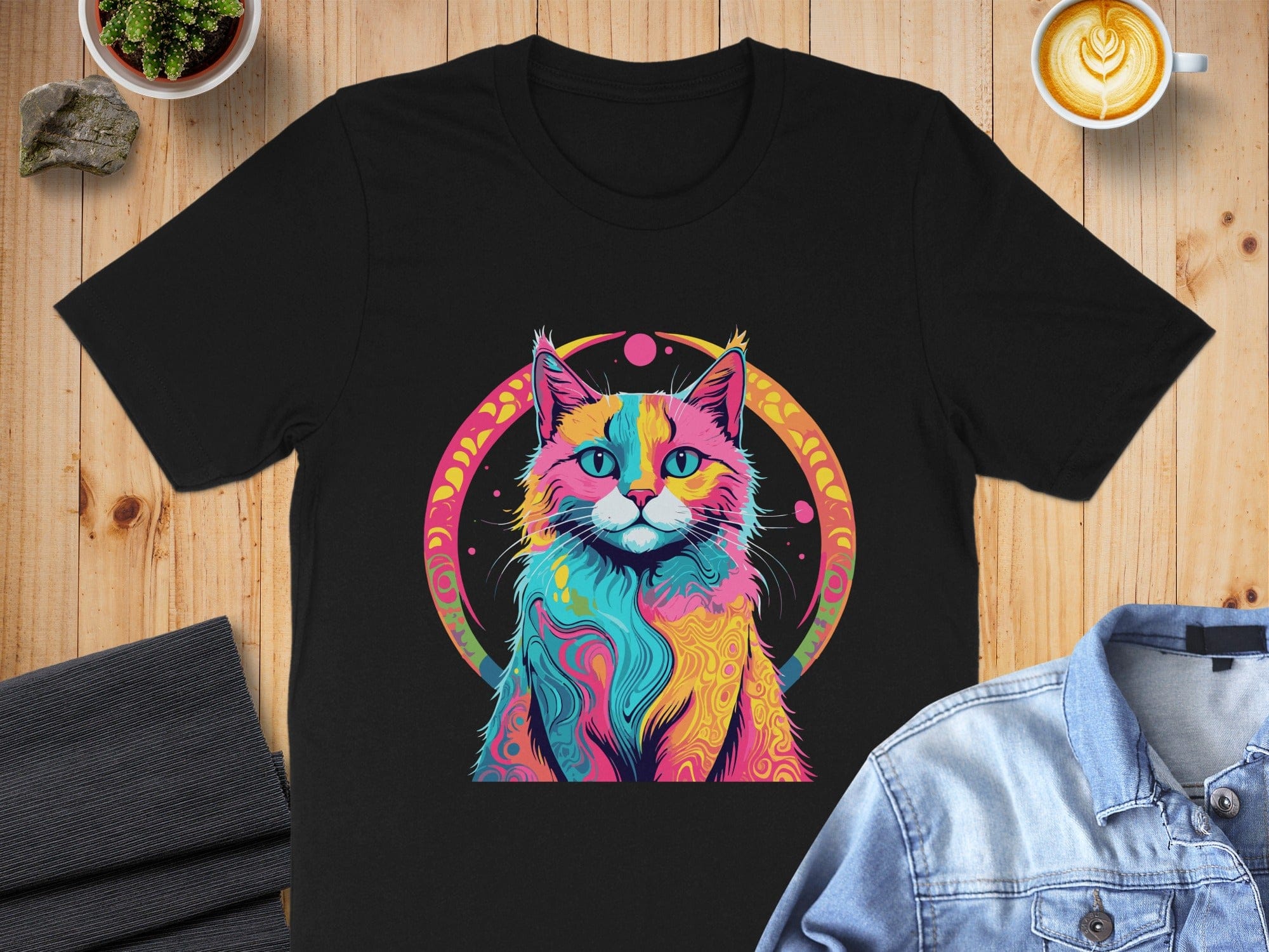 Colorful Artistic Cat Design T-Shirt for Cat Lovers