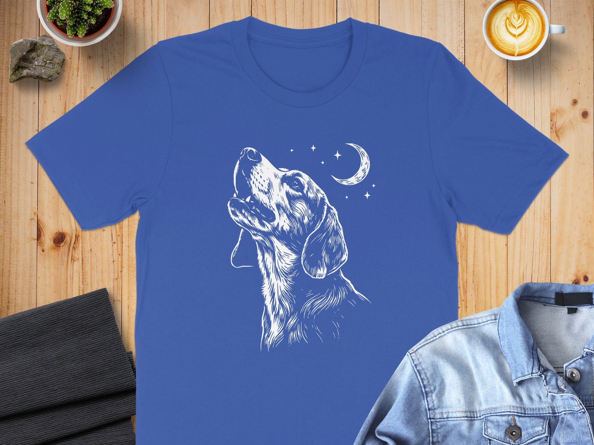 Dog and Moon Illustration Blue Graphic T-Shirt