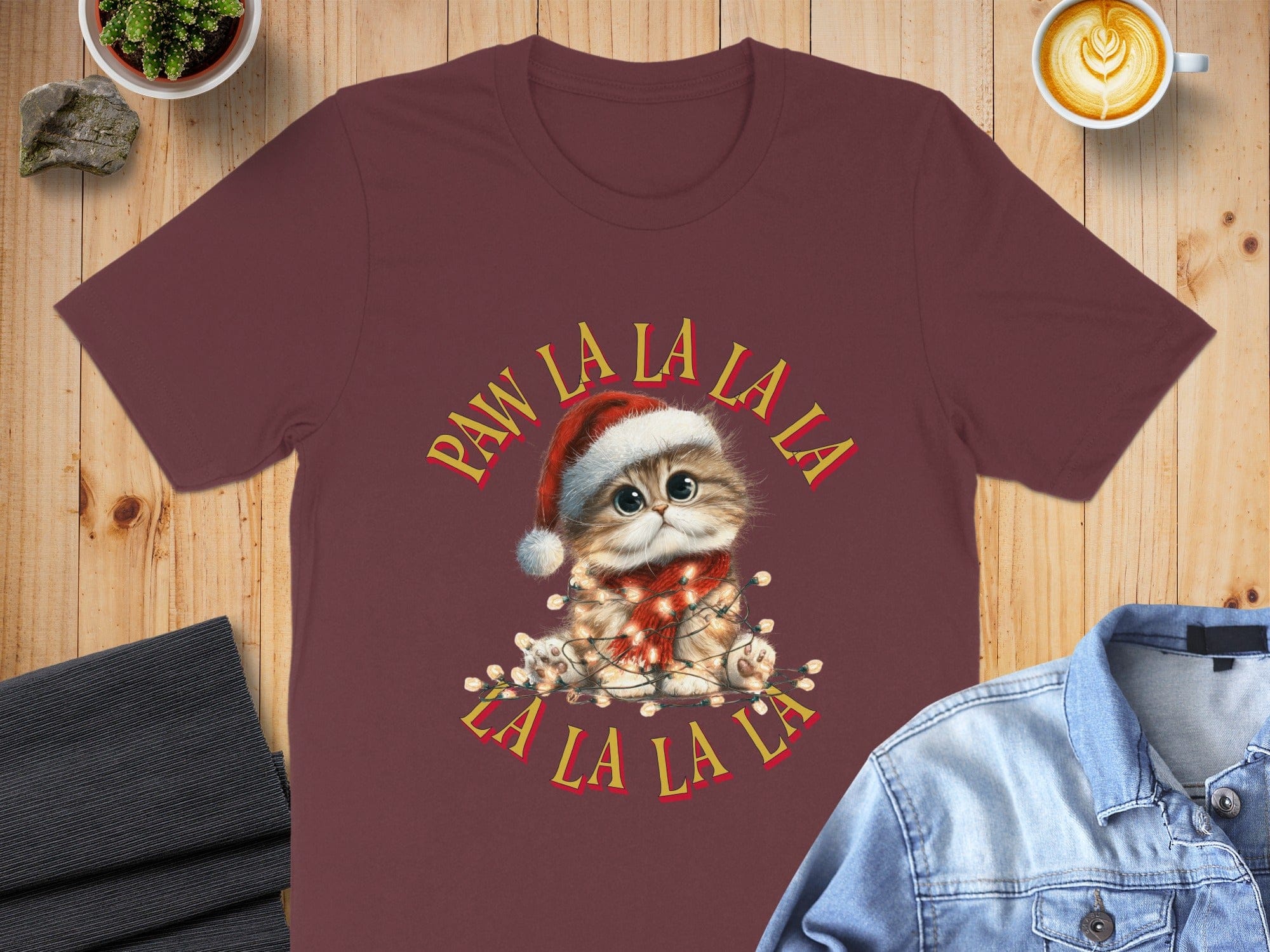 Cute Cat with Christmas Hat Paw La La La La T-shirt