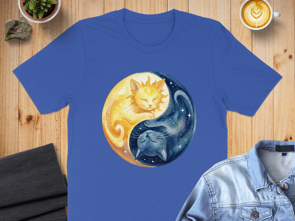 Yin Yang Cat Design Blue Short Sleeve Graphic Tee