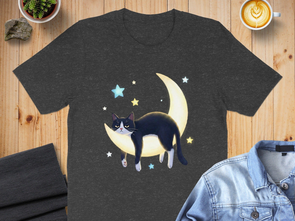 Cat Sleeping on Crescent Moon with Stars T-shirt