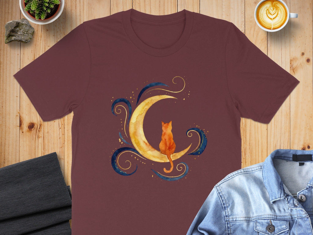 Cat and Crescent Moon Design T-Shirt
