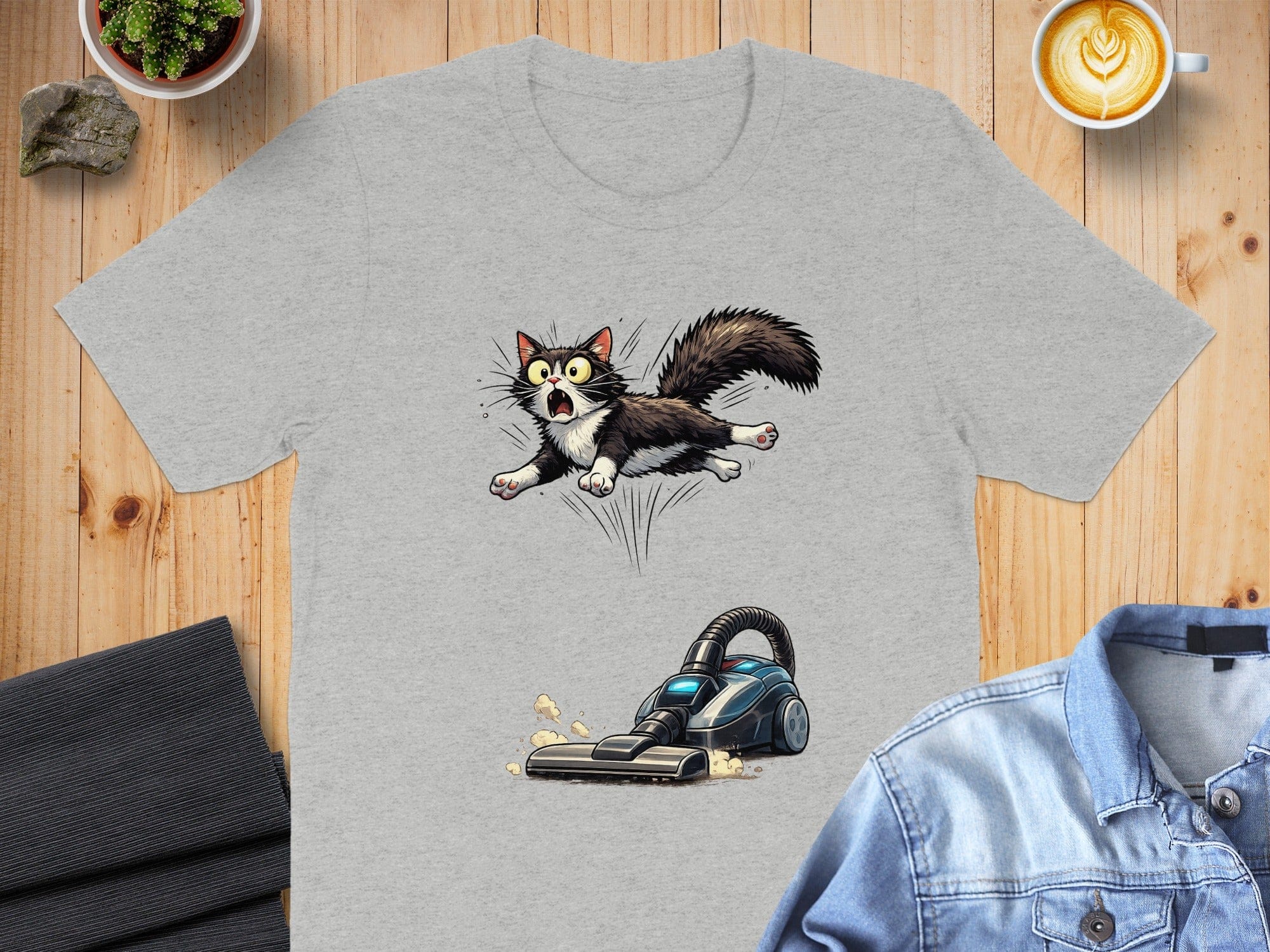 Funny Cat Scared by Vacuum Cleaner Graphic T-shirt