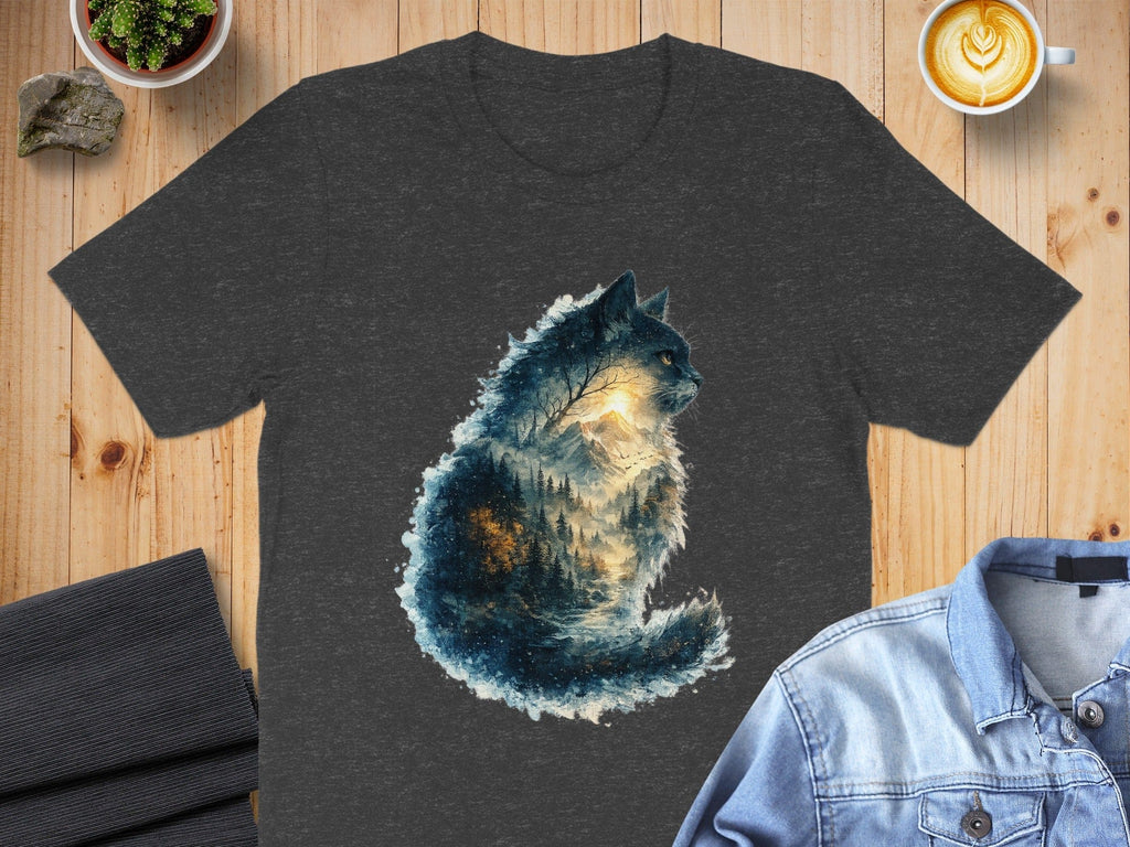 Cosmic Forest Cat Art T-Shirt for Nature Lovers