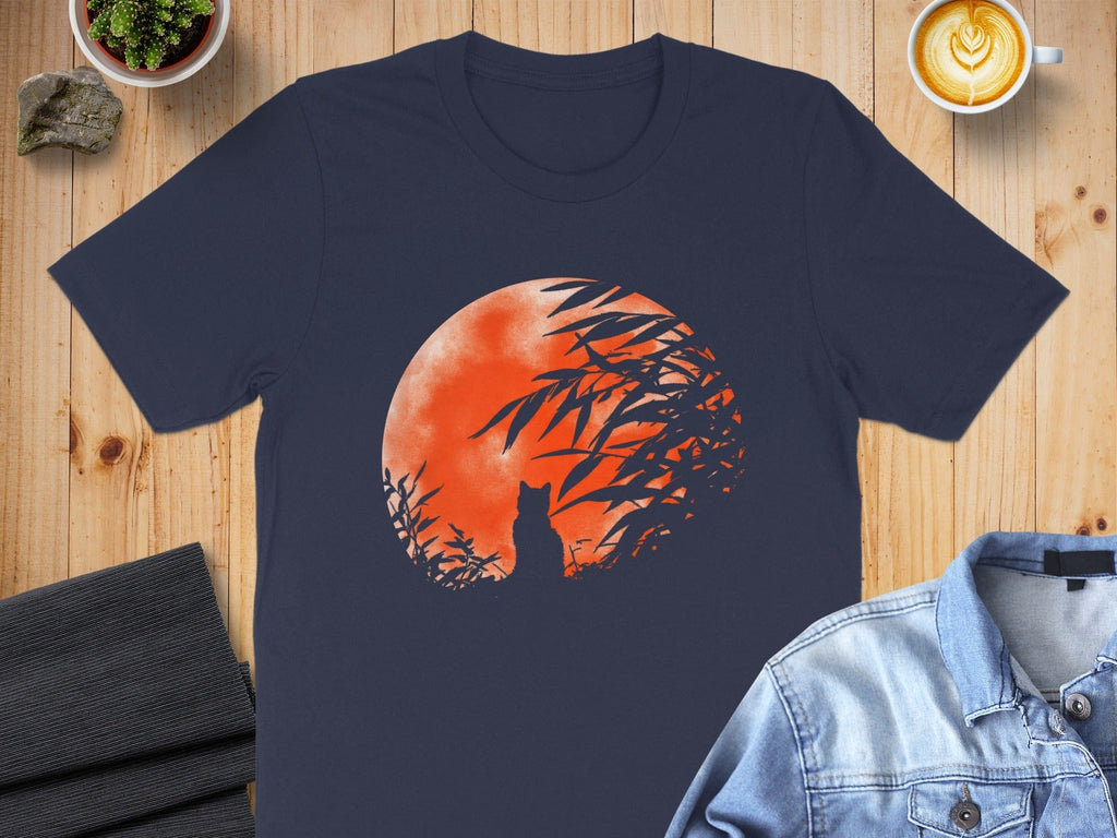 Cat Silhouette with Moonlight Forest Design T-shirt