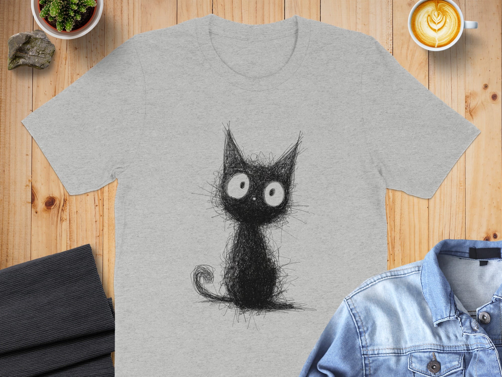 Quirky Black Cat Art on Gray Short Sleeve T-Shirt