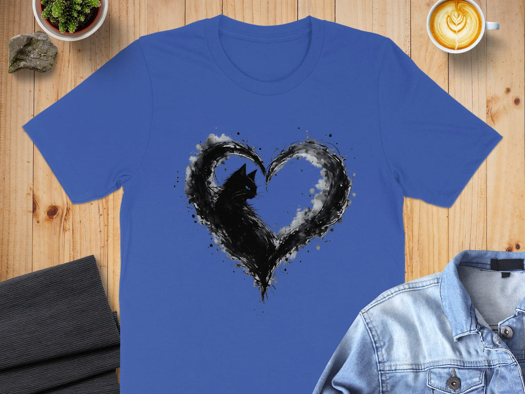 Black Heart Cat Art Print on Blue T-Shirt