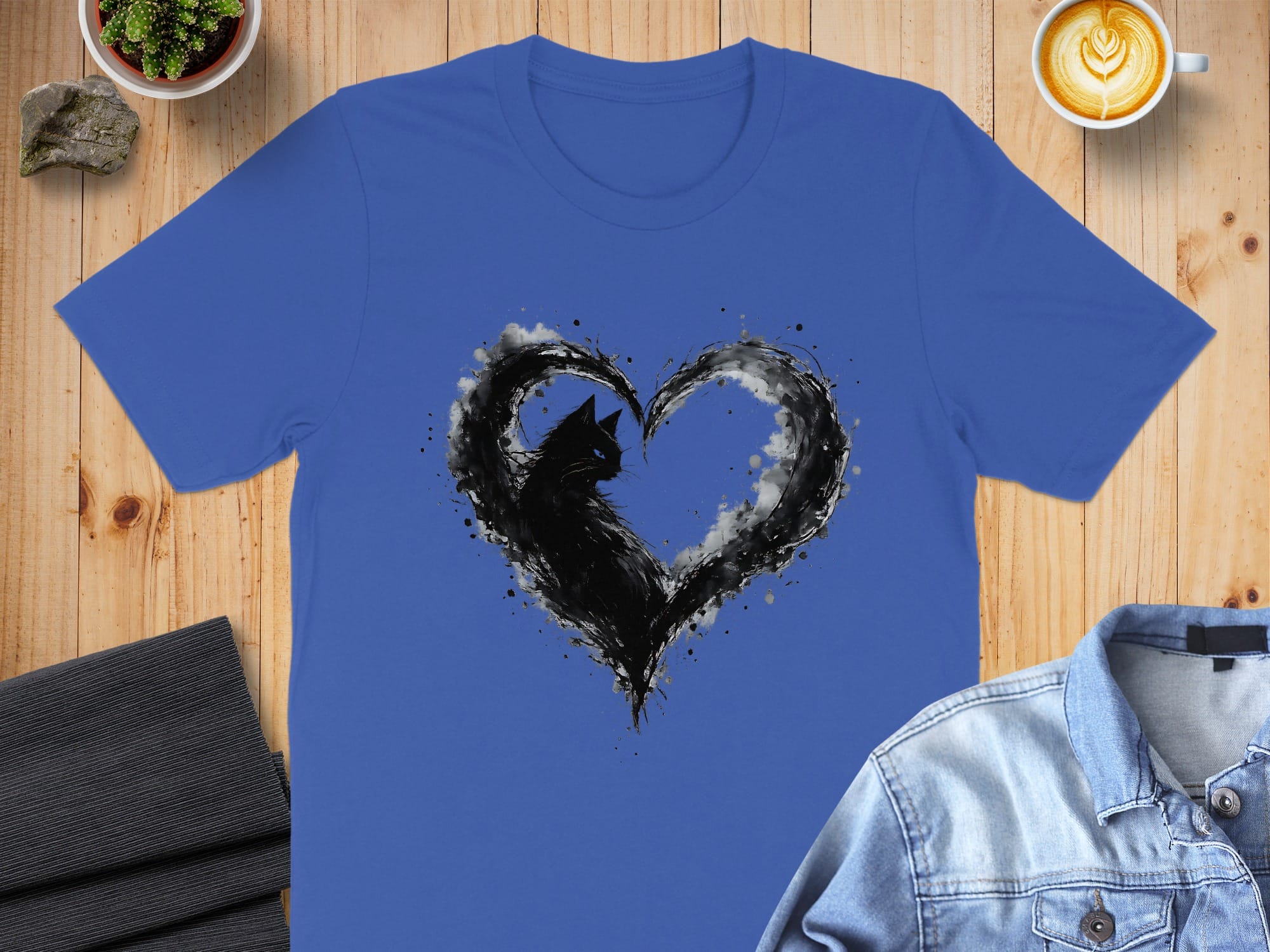 Black Heart Cat Art Print on Blue T-Shirt