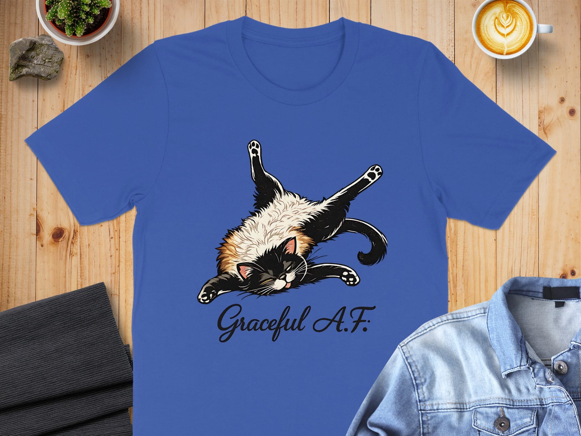 Graceful A.F. Cat Graphic Blue T-Shirt Product
