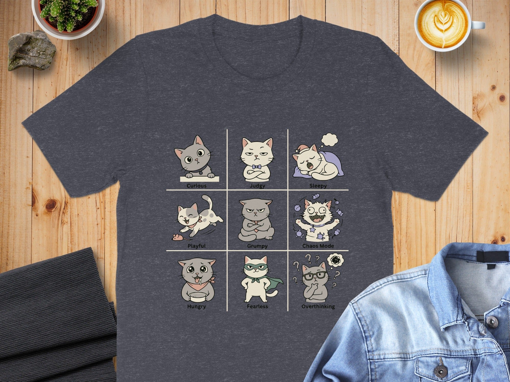 Cute Cat Emotions Graphic Print Casual T-Shirt