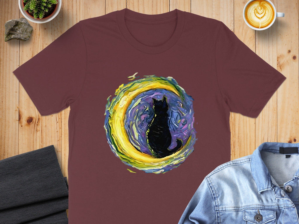 Artistic Moon and Cat Graphic T-Shirt perfect for casual wear