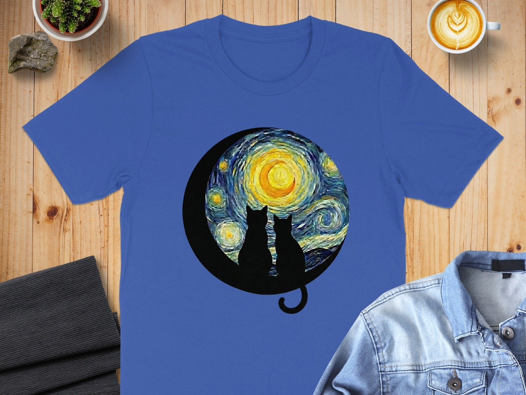 Starry Night Cats in Moon Print Blue T-Shirt