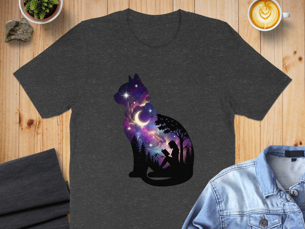 Cat and Night Sky Silhouette Design on T-Shirt Product