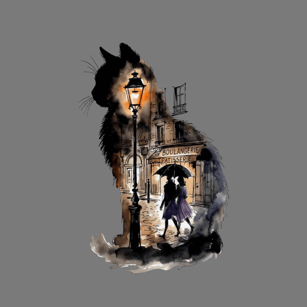 Cat Silhouette Artwork with Paris Street Scene Design