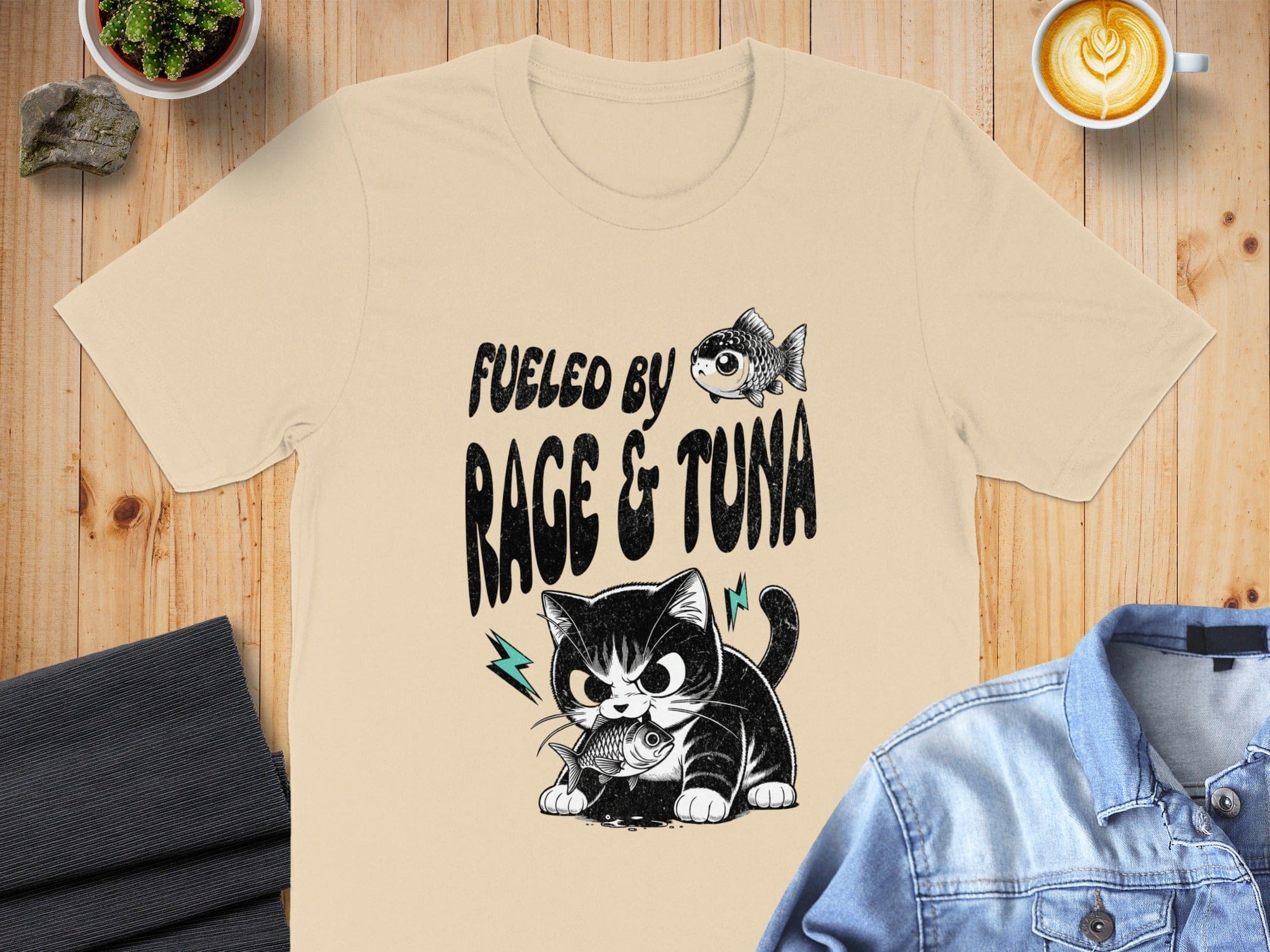 Fueled by Rage & Tuna T-shirt with Cat and Fish Design