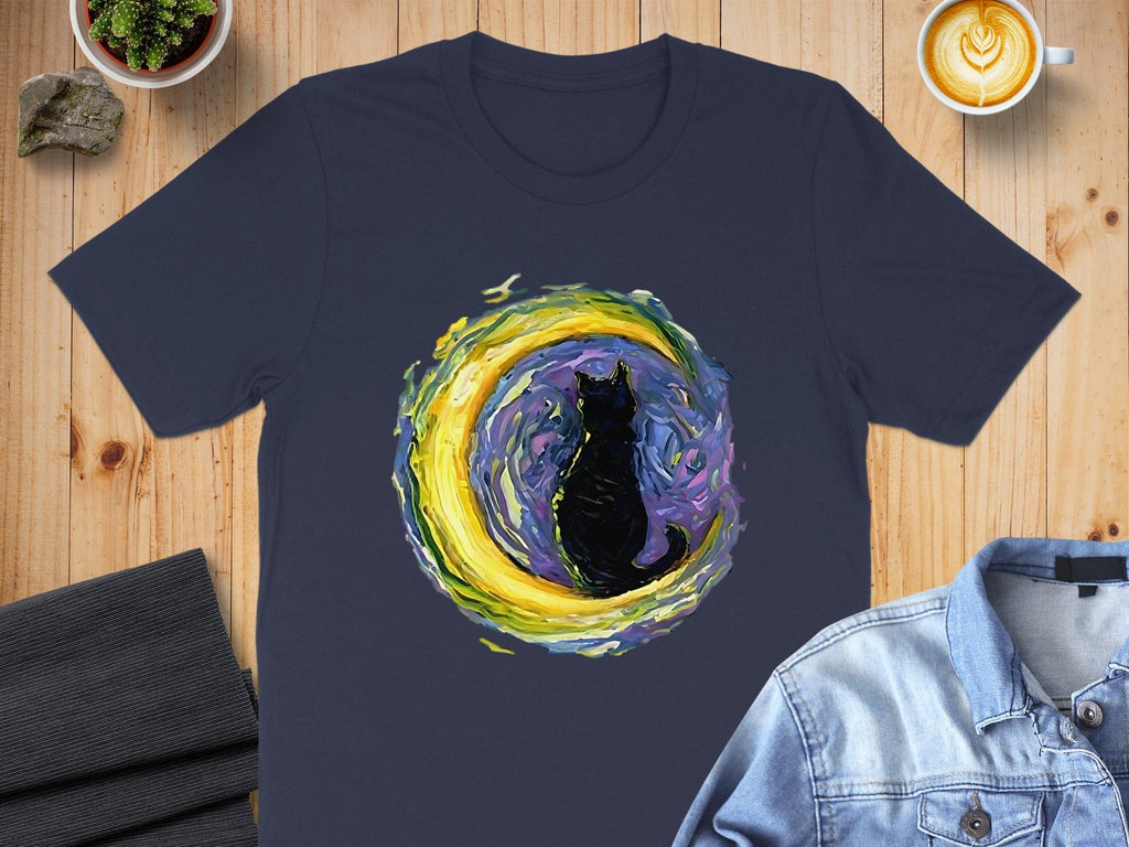 Vibrant Artistic Cat and Crescent Moon T-Shirt